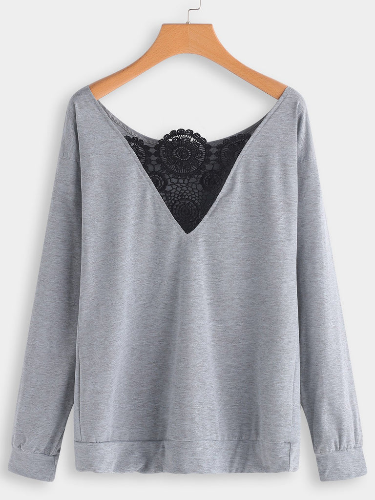 Round Neck One Shoulder Plain Lace Long Sleeve Grey T-Shirts