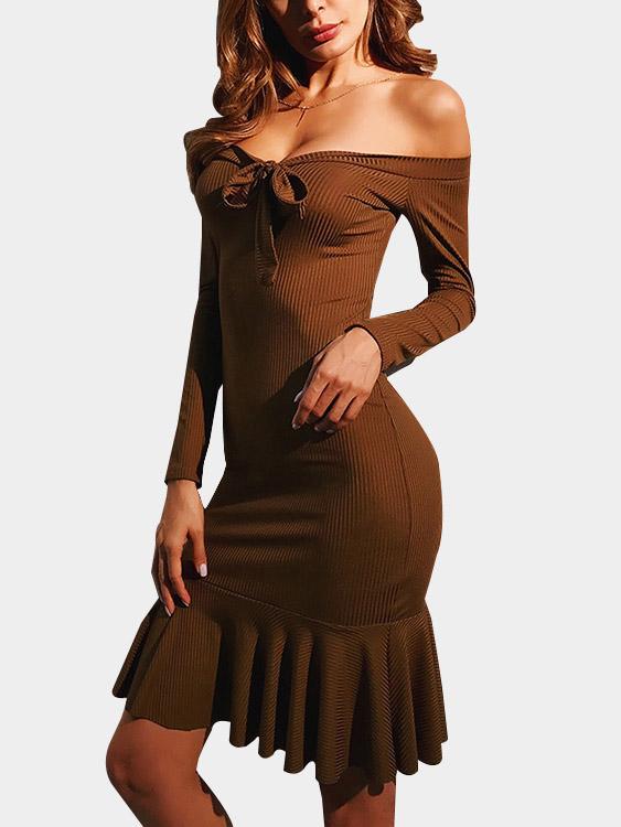 Ladies Brown Off The Shoulder Dresses