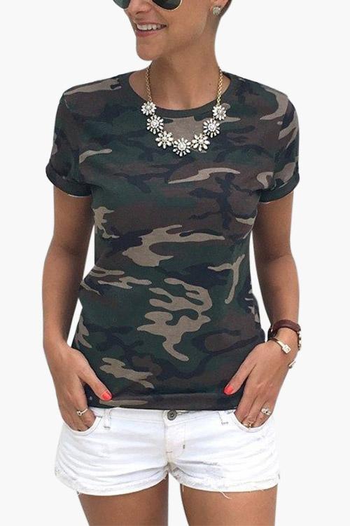 Crew Neck Round Neck Camouflage Short Sleeve T-Shirts