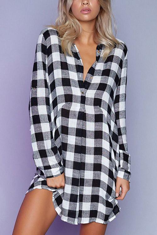 V-Neck Long Sleeve Grid Curved Hem Shirt Dresses