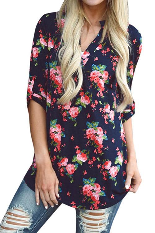 Random Floral Print V-Neck Long Sleeves Curved Hem Blouses