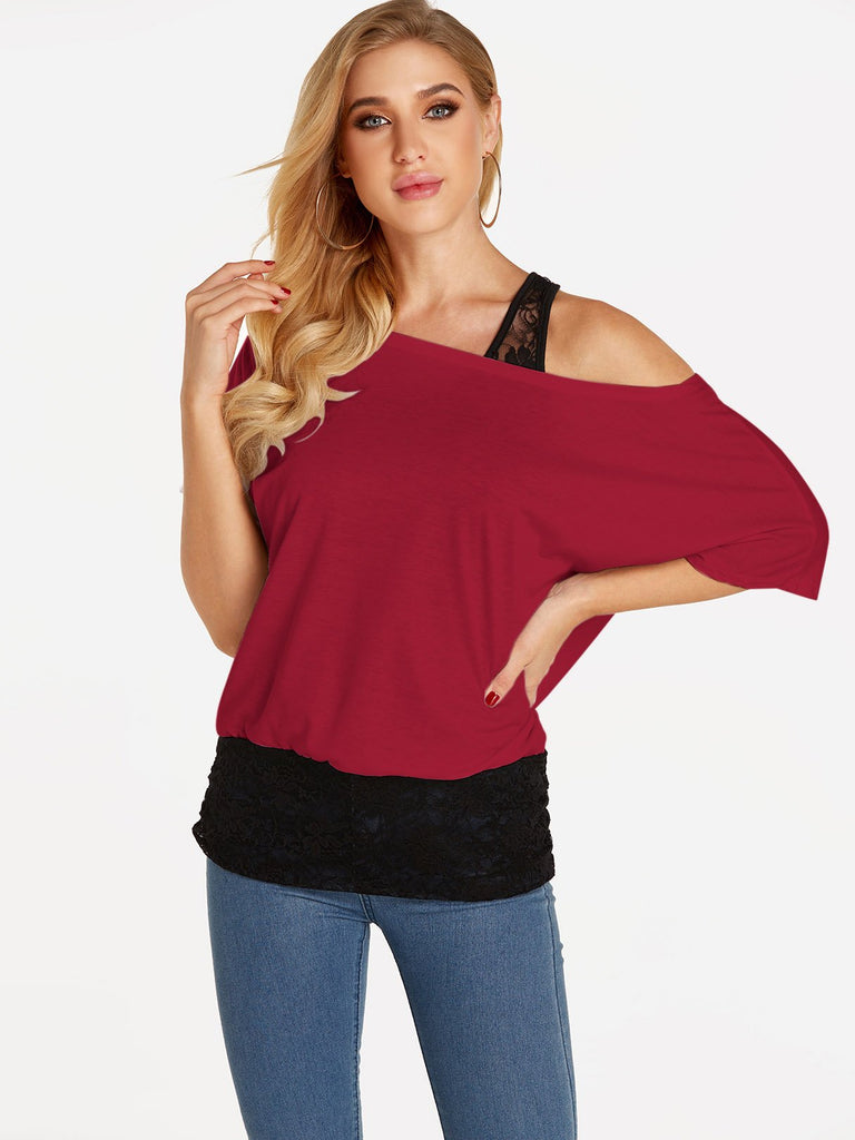 One Shoulder Plain Lace Half Sleeve Blouses