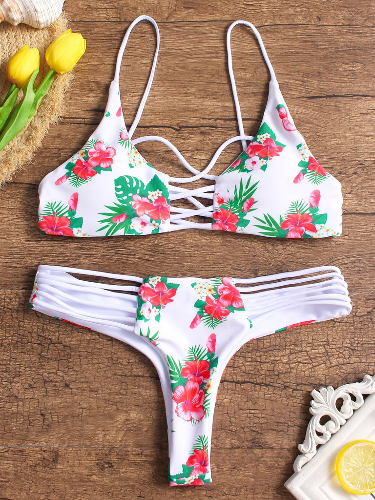 White Sleeveless Floral Print Bikinis