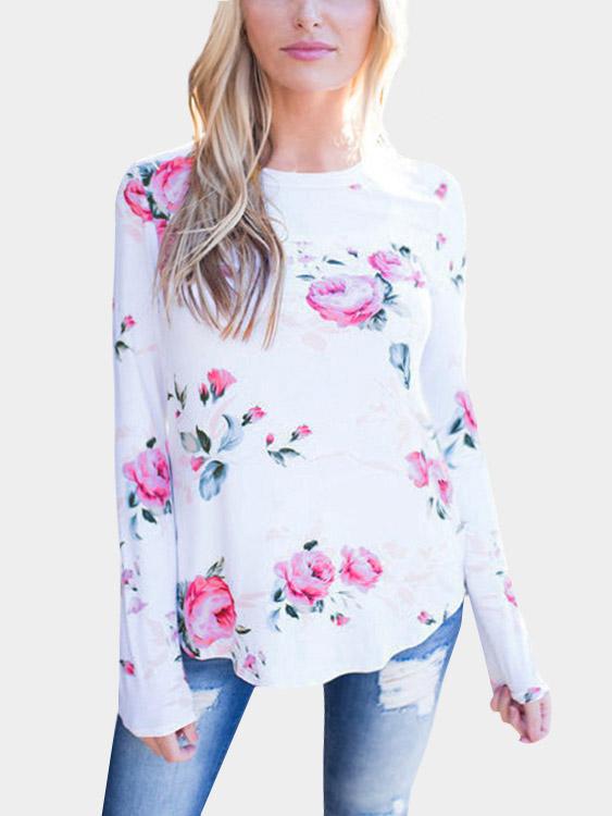 Round Neck Floral Print Long Sleeve White T-Shirts