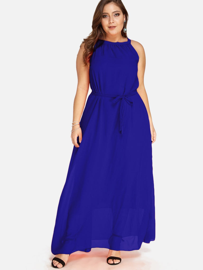Round Neck Plain Self-Tie Sleeveless Blue Plus Size Dress