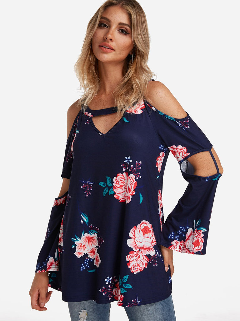Cold Shoulder Floral Print Cut Out Long Sleeve Top