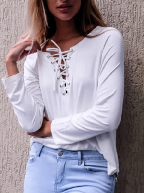 Long Sleeve Curved Hem White T-Shirts