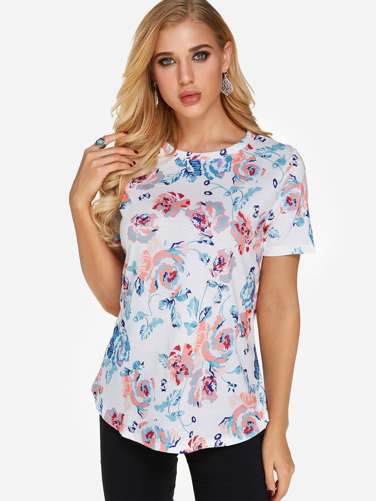 Round Neck Floral Print Short Sleeve Fashion Tee