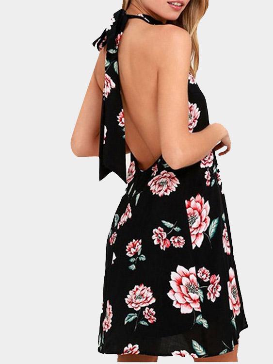 Halter Floral Print Backless Sleeveless Black Dresses