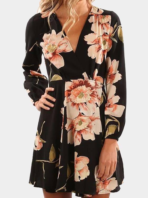 Black V-Neck Long Sleeve Floral Print Lace-Up Wrap Dresses