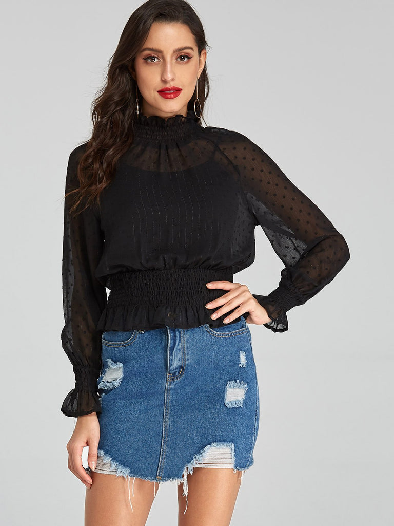 Plain Long Sleeve Black Blouses