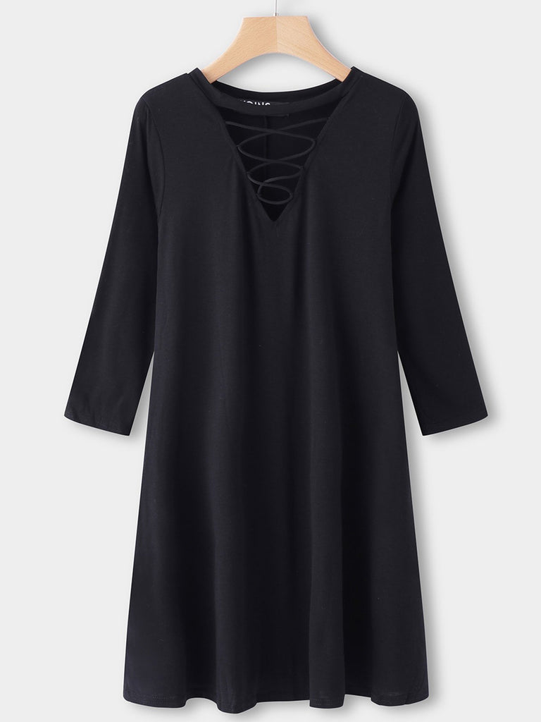 Black Round Neck 3/4 Sleeve Length Plain Side Pockets Lace-Up Midi Dress