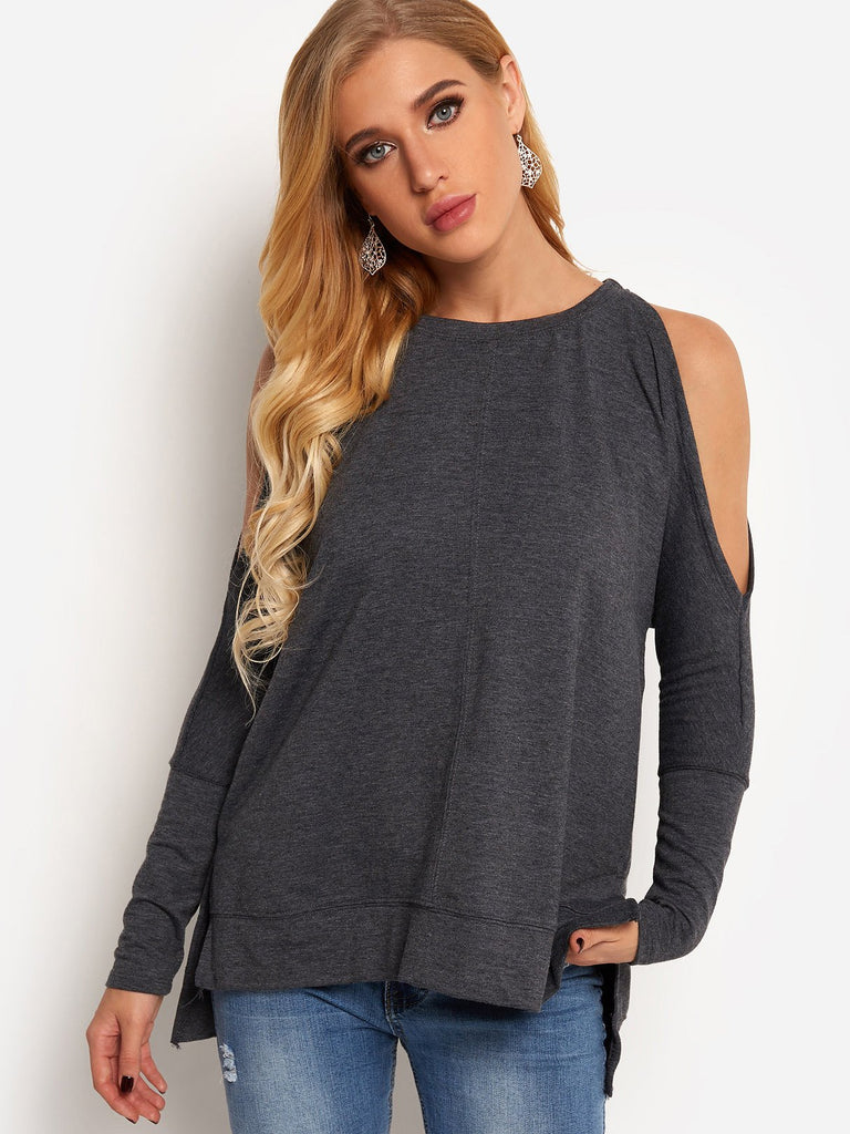 Cold Shoulder Plain Long Sleeve Slit Hem T-Shirts