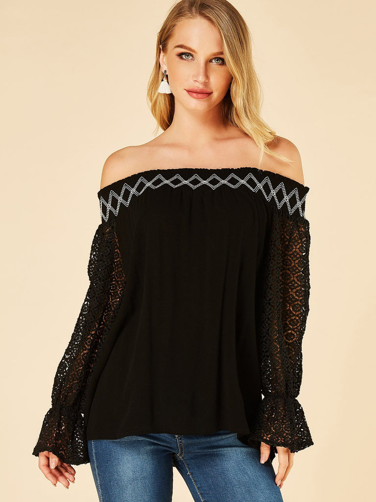 Off The Shoulder Plain Lace Long Sleeve Black Tee