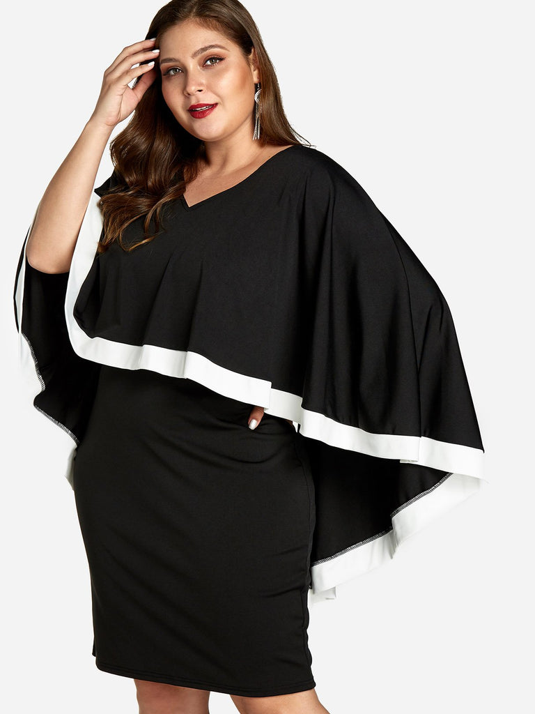 V-Neck Plain Tiered Long Sleeve Plus Size Dress