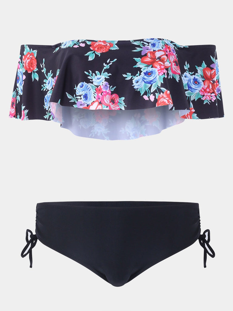 Black Strapless Off The Shoulder Sleeveless Floral Print Backless Lace-Up Bikinis