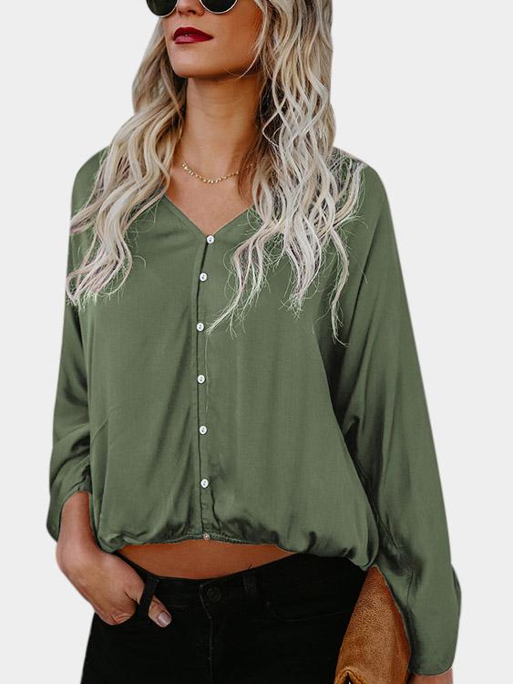 V-Neck Pleated Long Sleeve T-Shirts