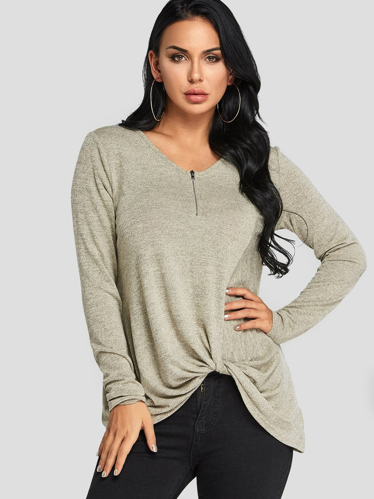 V-Neck Plain Zip Back Long Sleeve Apricot T-Shirts