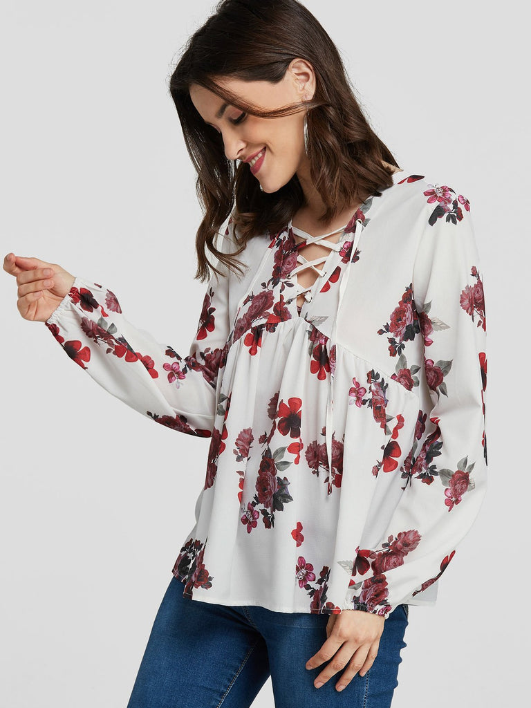 Crossed Collar Floral Print Self-Tie Long Sleeve White Blouses