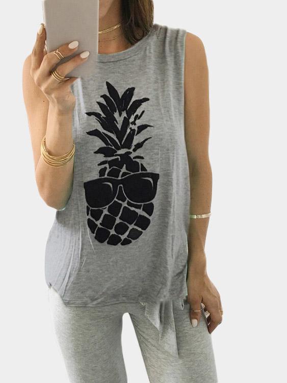 Round Neck Printed Sleeveless Grey Camis