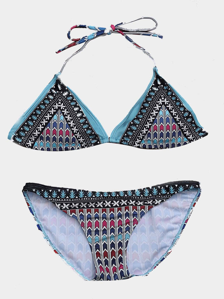 V-Neck Sleeveless Vintage Floral Printed Two Piece Bikinis