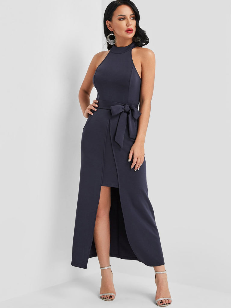 Navy Halter Sleeveless Plain Side Pockets Belt Slit Hem Casual Dresses