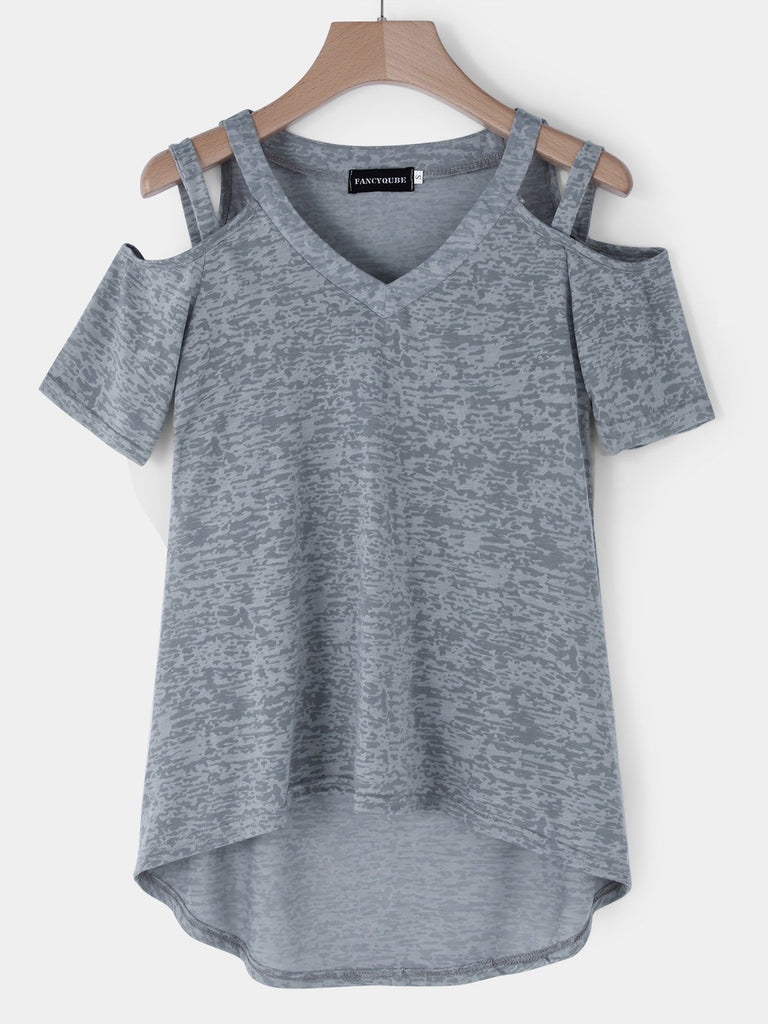 V-Neck Cold Shoulder Cut Out Short Sleeve Grey T-Shirts