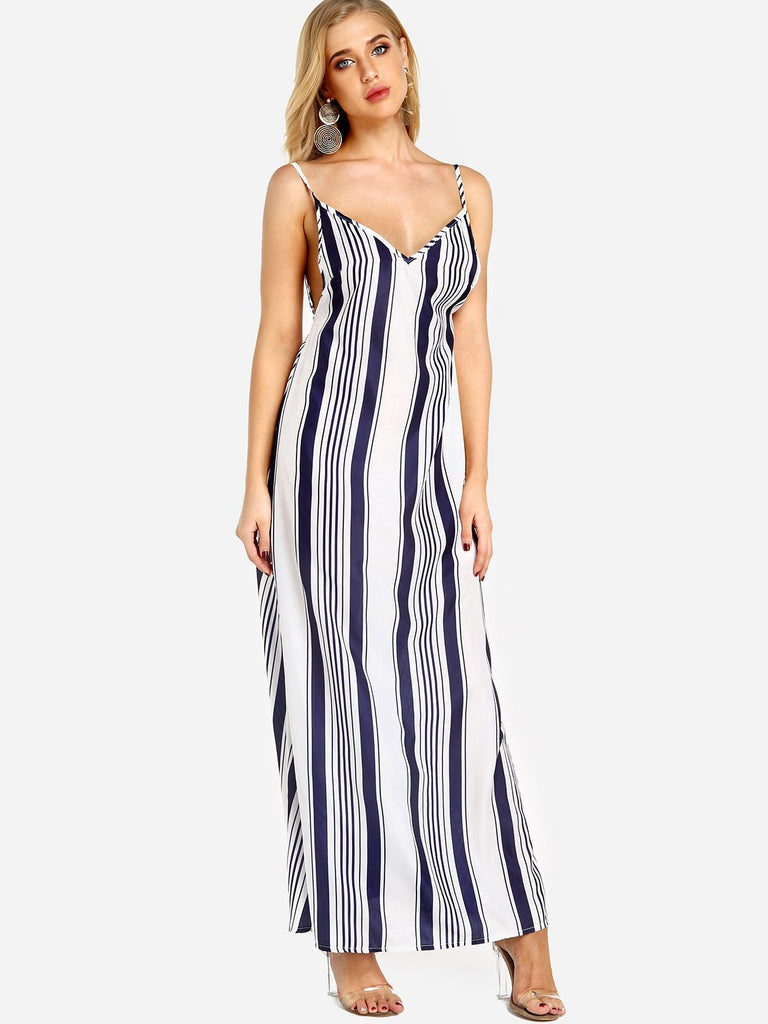 V-Neck Sleeveless Stripe Backless Spaghetti Strap Maxi Dress