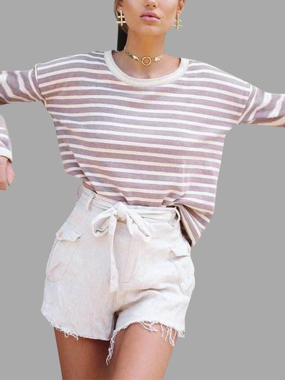 Round Neck Stripe Long Sleeve Pink T-Shirts