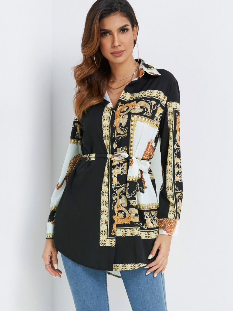 Scarf Print Long Sleeve Blouses