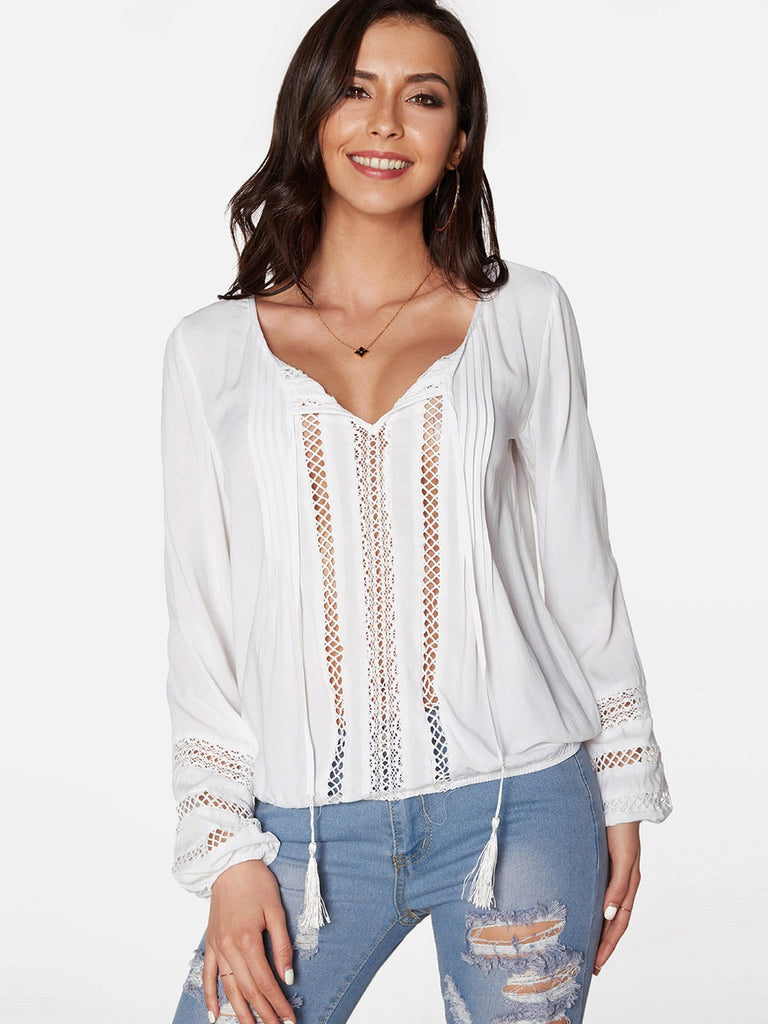 White V-Neck Long Sleeve Hollow Blouses