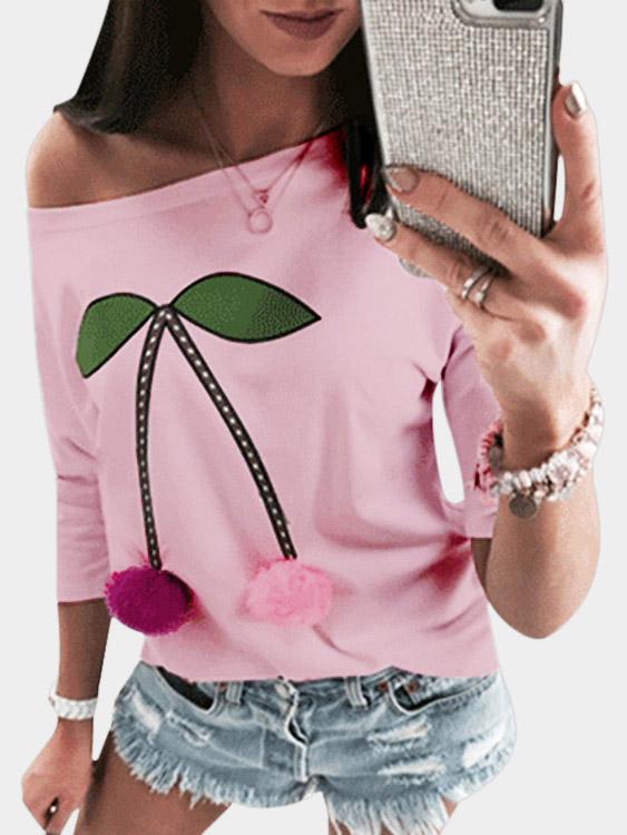 Scoop Neck Printed 3/4 Sleeve Pink T-Shirts