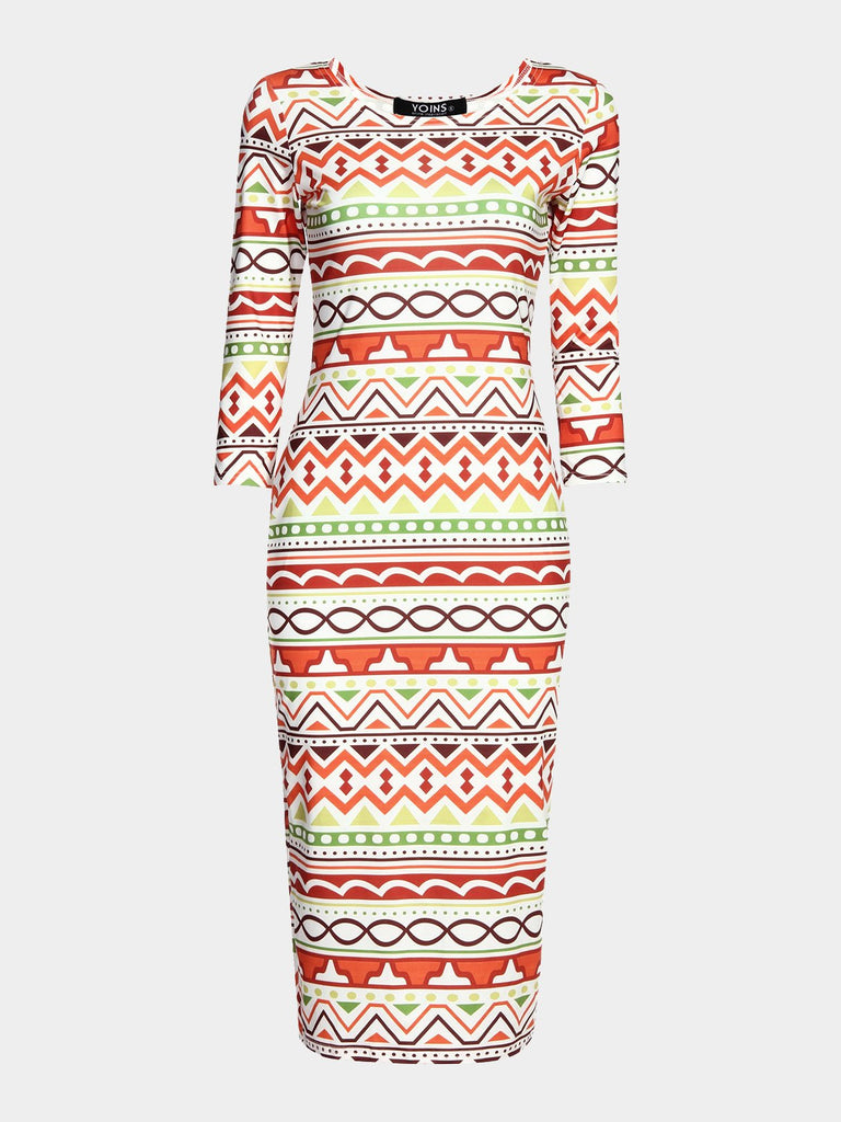 Round Neck 3/4 Sleeve Length Geometrical Midi Dress
