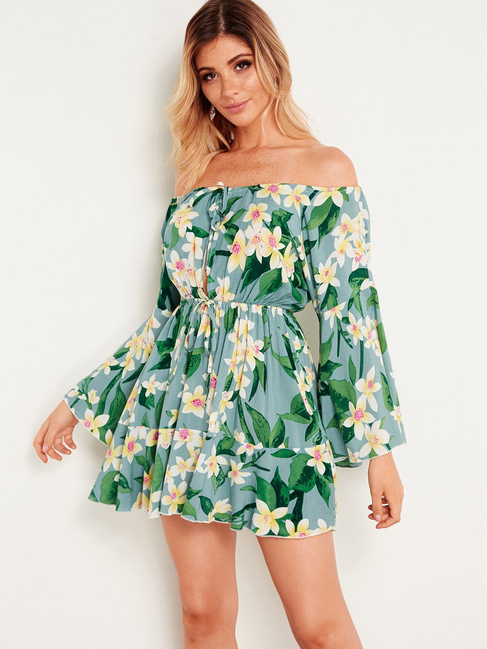Green Off The Shoulder Long Sleeve Floral Print Cut Out Self-Tie Dresses