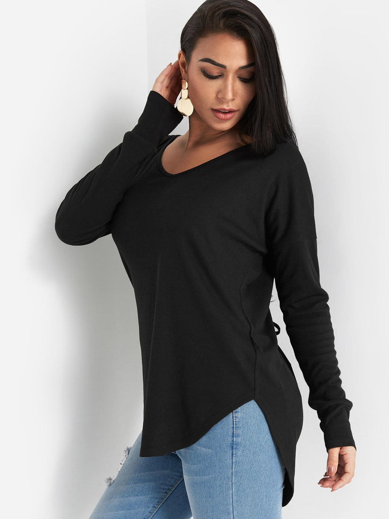Round Neck Plain Backless Lace-Up Long Sleeve Curved Hem Black Top