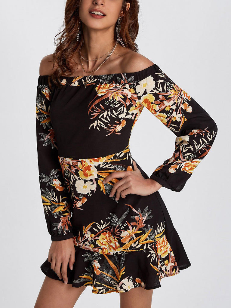 Off The Shoulder Long Sleeve Floral Print Flounced Hem Mini Dresses