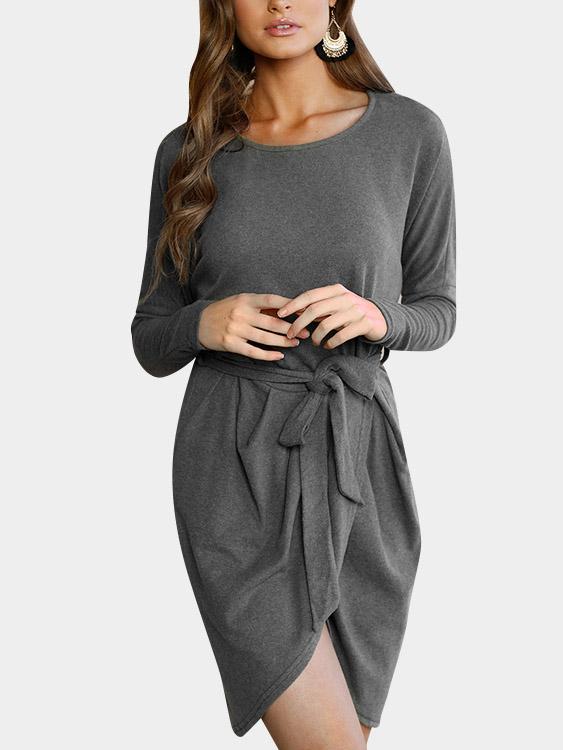 Grey Round Neck Long Sleeve Plain Lace-Up Slit Hem Mini Dress
