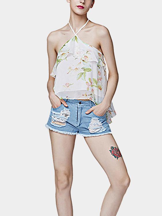 Floral Print Pattern Halter Open Back Cami