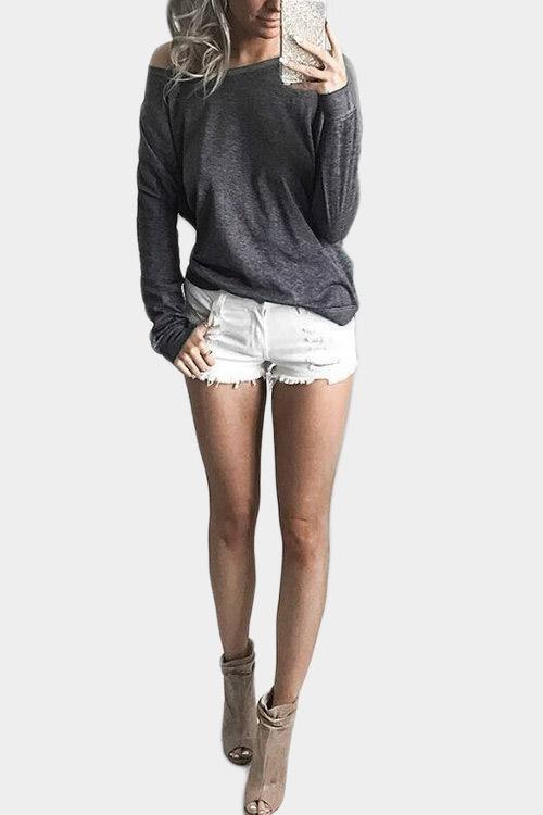 Long Sleeve One Shoulder Grey T-Shirts