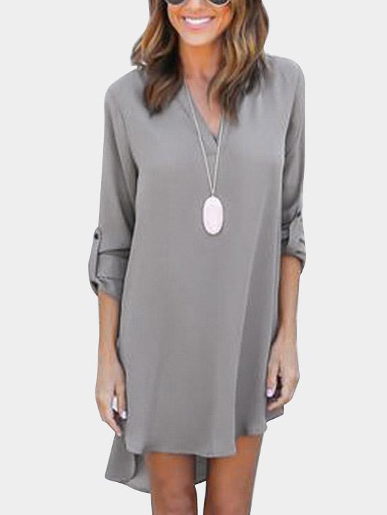 V-Neck Half Sleeve Plain Irregular Hem Chiffon Dress