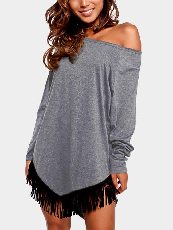 Grey One Shoulder Long Sleeve Plain Tassel Tassel Hem Mini Dress