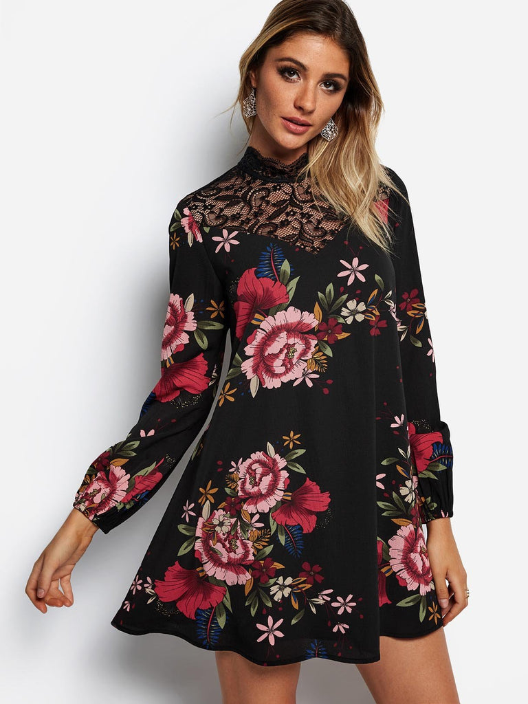 Black Perkins Collar Long Sleeve Floral Print Lace Cut Out See Through Dresses