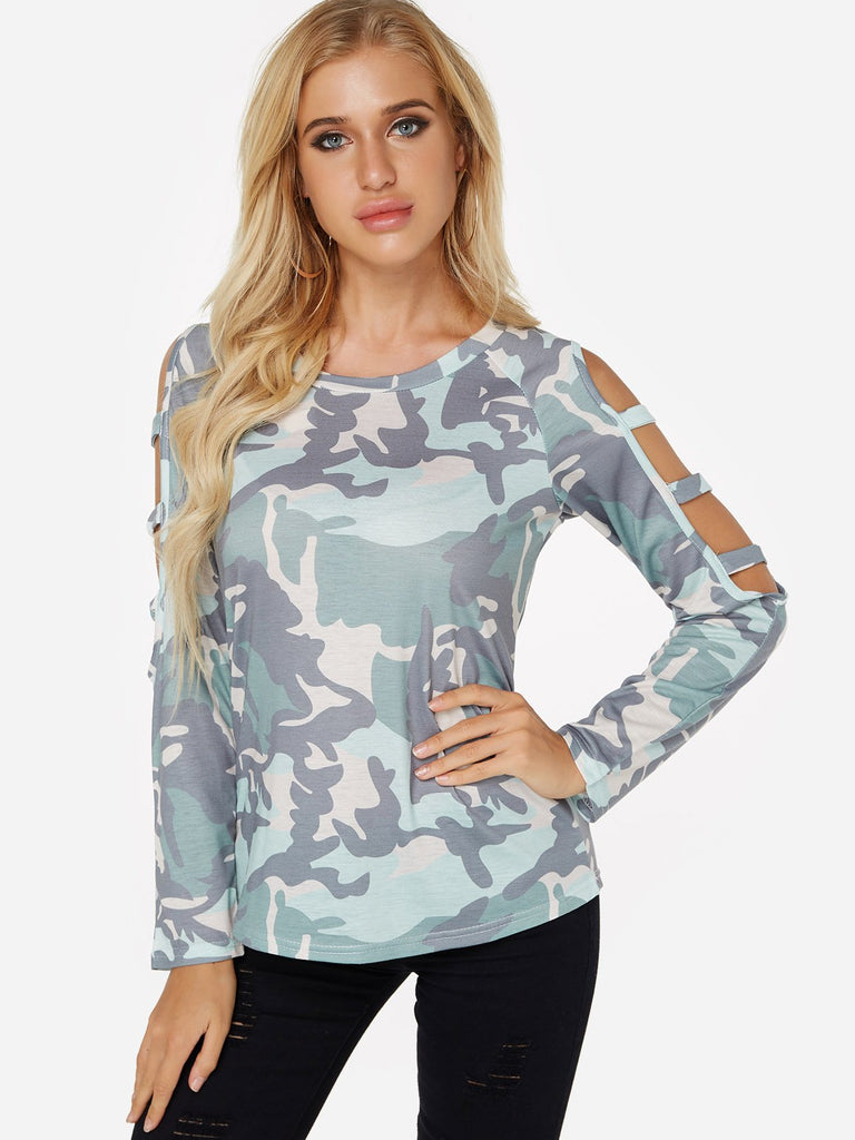 Cold Shoulder Cut Out Long Sleeve Camo Top