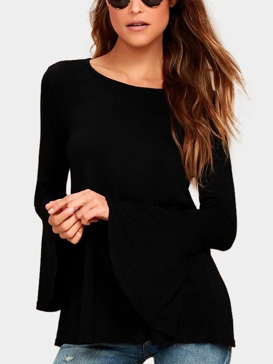 Round Neck Plain Backless Slit Long Sleeve Black T-Shirts