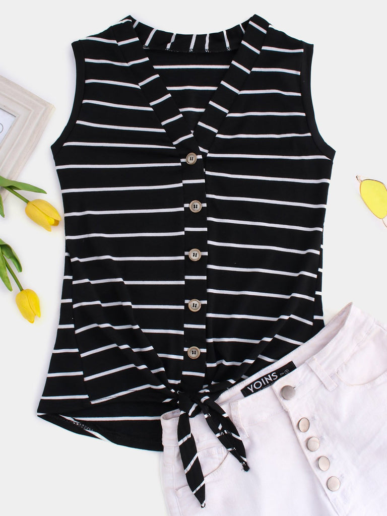 V-Neck Stripe Sleeveless Black Tank Top