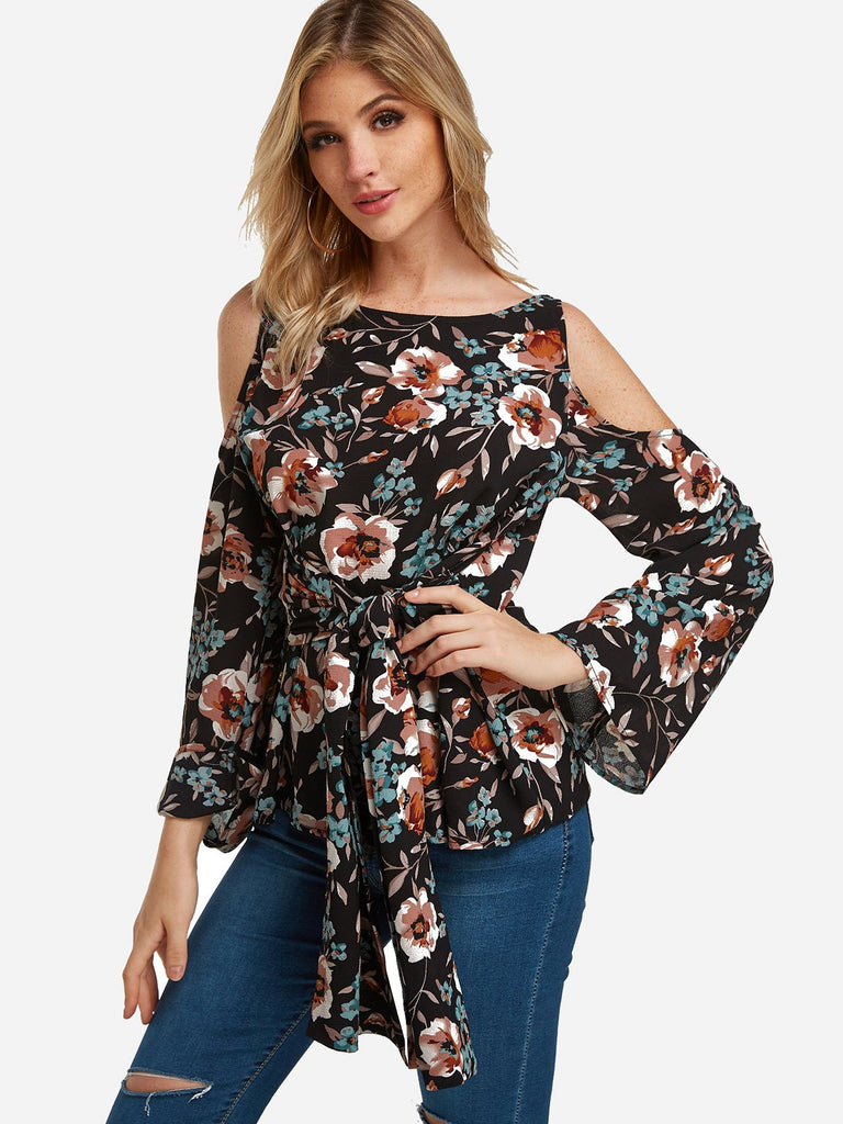 Round Neck Cold Shoulder Floral Print Cut Out Tie-Up Long Sleeve Blouses