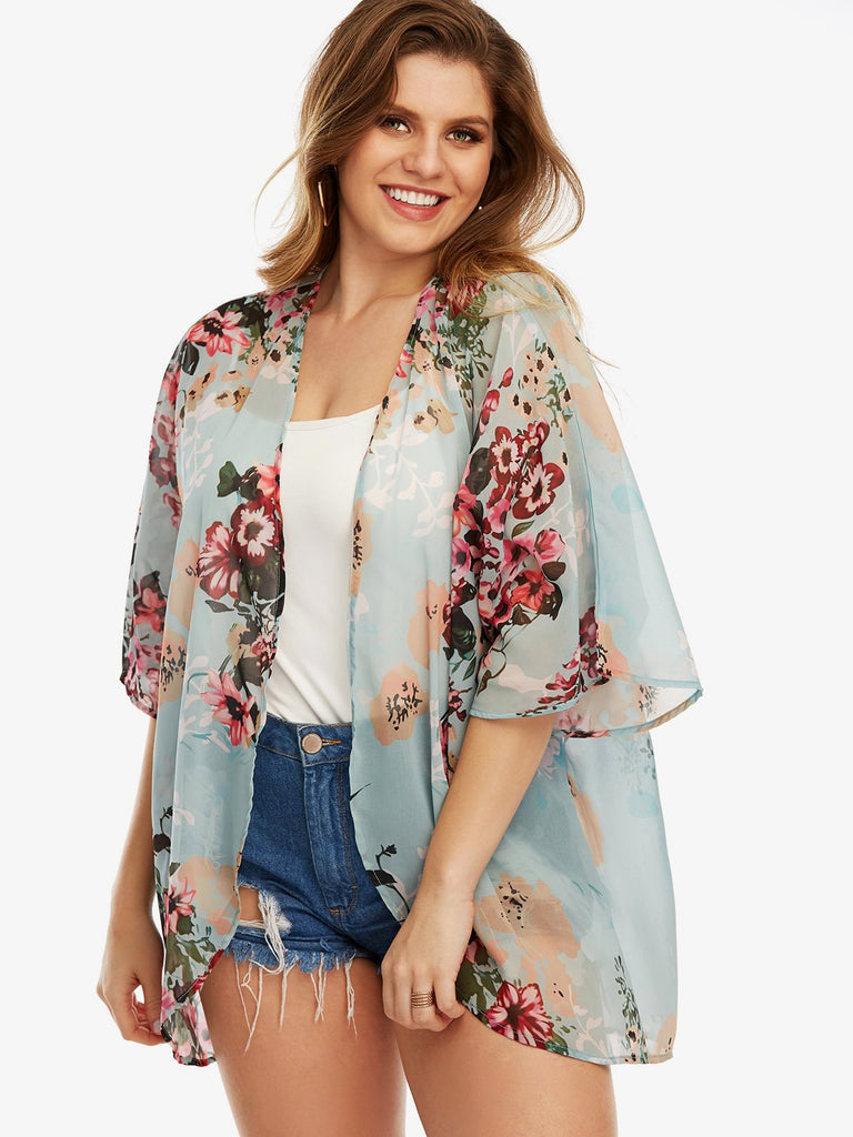 Floral Print Sheer Half Sleeve Plus Size Tops