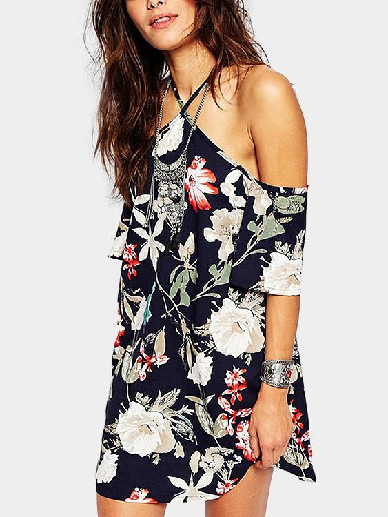 Halter Off The Shoulder Short Sleeve Floral Print Dresses