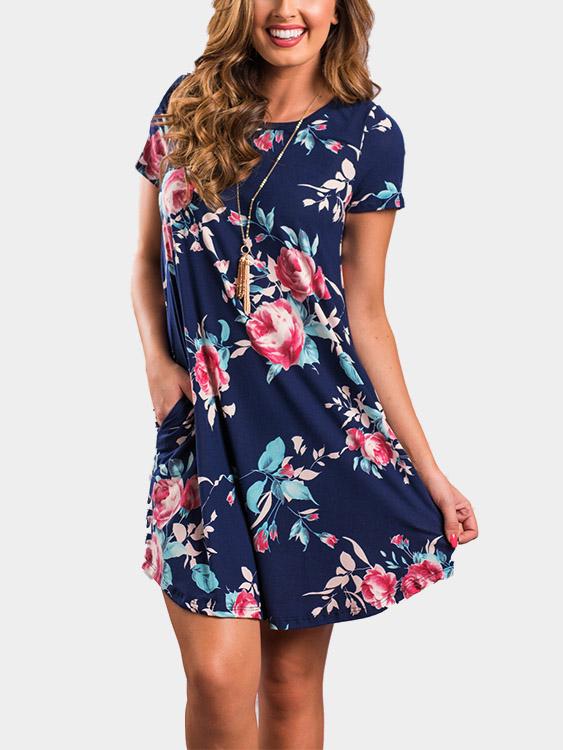 Round Neck Floral Print Short Sleeve Curved Hem Navy Dresses
