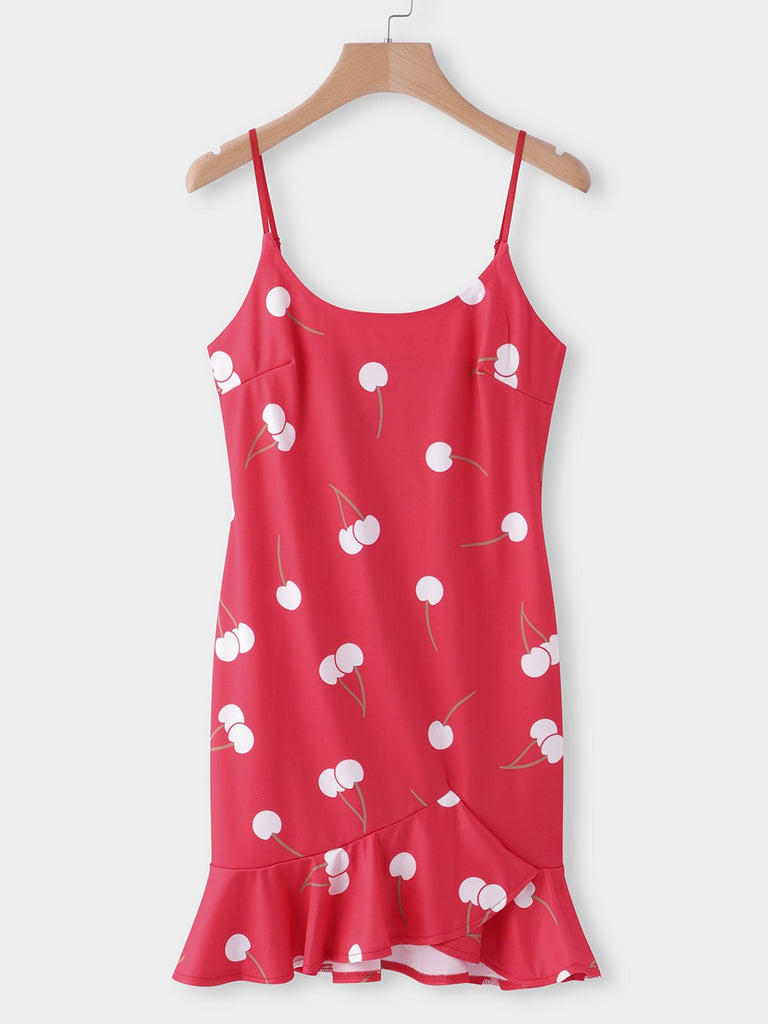 Red Scoop Neck Sleeveless Floral Print Zip Back Spaghetti Strap Flounced Hem Casual Dresses
